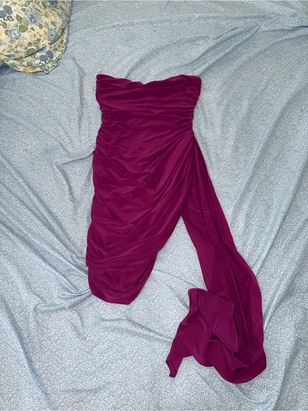 Strapless Ruched Magenta Cocktail Dress with Draped Sash